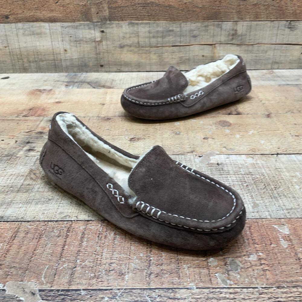 UGG 3312 Ansley Slippers Womens Size 7 38 Brown Suede Shearling Moccasin Shoes